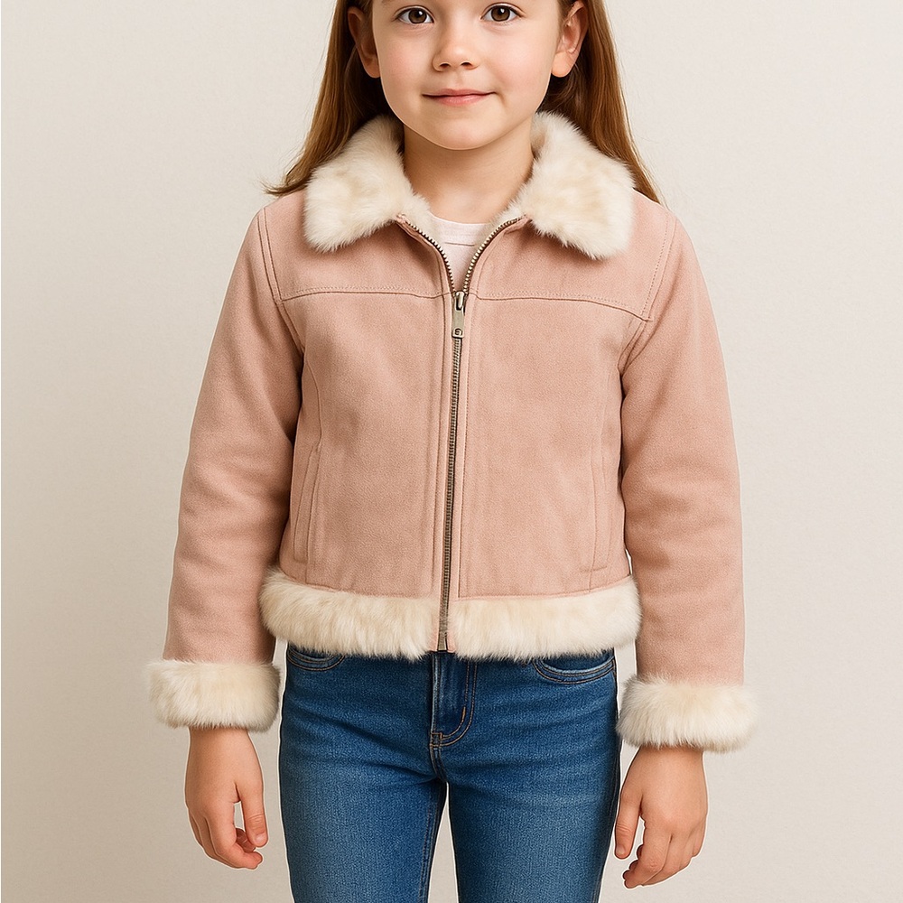 Wilsons Leather Girls Pink Suede Jacket | Real Fur Trim | Zip Front